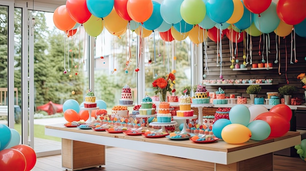 Zoete en kleurrijke verjaardagsfeestdecoratie voor kinderen met ballonnen, spandoeken en interieurs