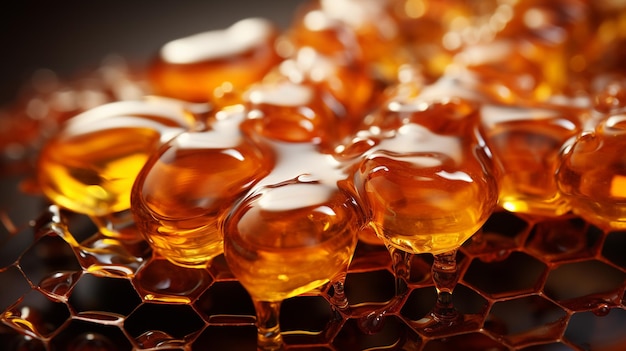 Zoete honingraat met honingraat en verse honing op zwarte backgroundgeneratieve ai