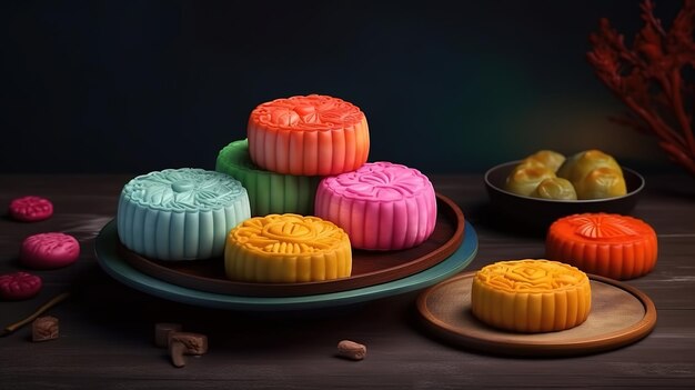 Zoete kleur van sneeuw huid mooncake Traditionele mid-herfst festival voedingsmiddelen met thee Generatieve Ai