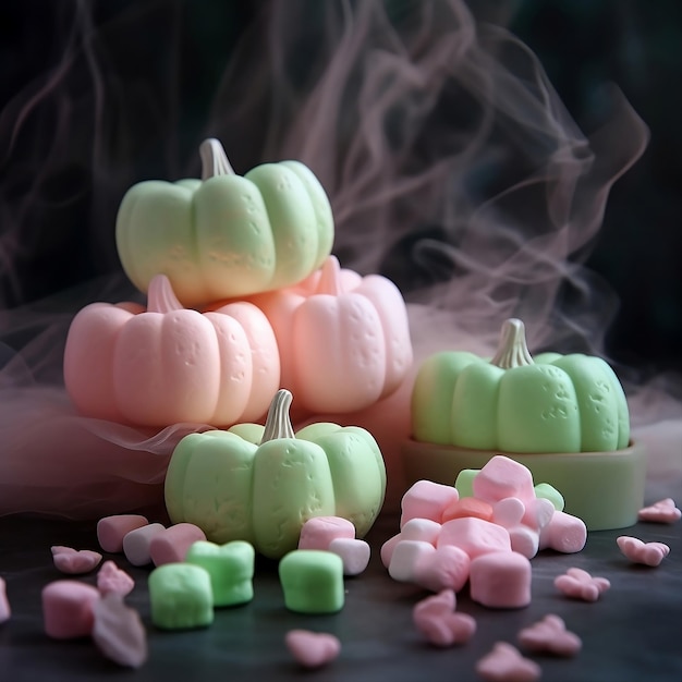 Zoete marshmallows in de vorm van roze en groene pompoenen op een zwarte achtergrond