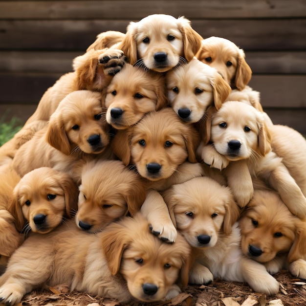 Foto zoete momenten van gestapelde golden retriever-baby's