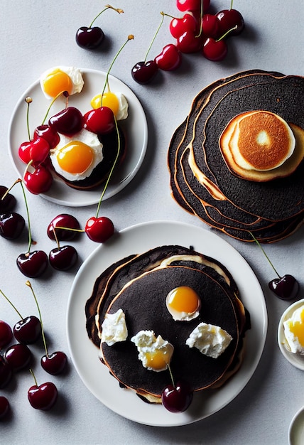 Zoete pannenkoeken met ricotta en kersen zwarte pannenkoeken ontbijt bovenaanzicht kopieerruimte