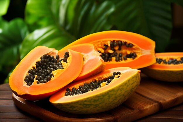 Foto zoete papaya-snijden en gehalveerde vruchten op houten achtergrond