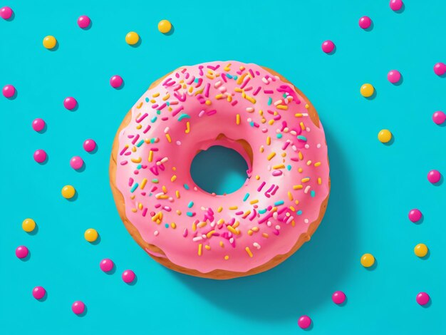 Zoete roze donut met veelkleurige besprenkels op een blauwe achtergrond Top view 3D-rendering