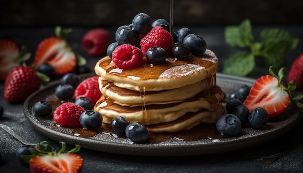 Zoete stapel bosbessenpannenkoekjes op rustiek bord gegenereerd door AI