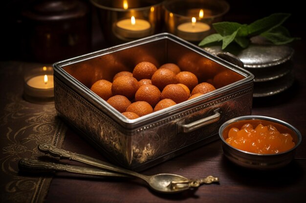 Zoete tradities gulab jamun tentoongesteld in een traditionele metalen container