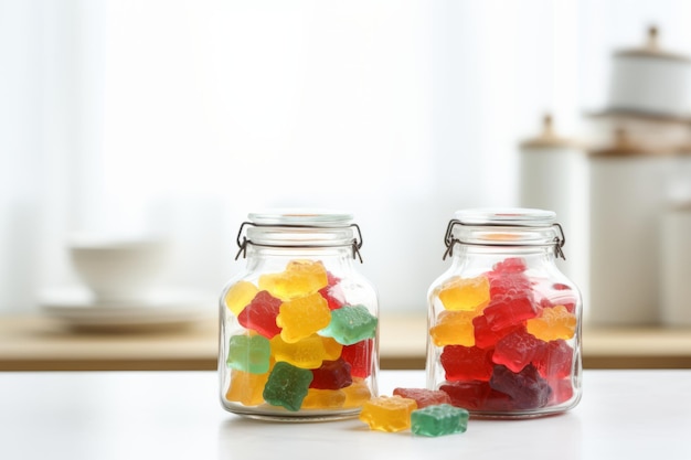Zoete verleidingen Heerlijke gummy snoepjes gerangschikt in glazen potten op een witte keukentafel eindeloos