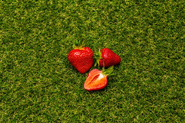 Zoete verse aardbeien op groen gras