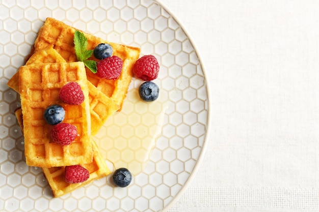 Zoete zelfgemaakte wafels met bosbessen op plaat close-up