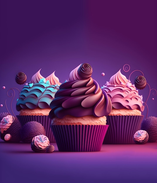 Zoetwaren Illustratie van schattige capcakes op paarse achtergrond Generatieve AI
