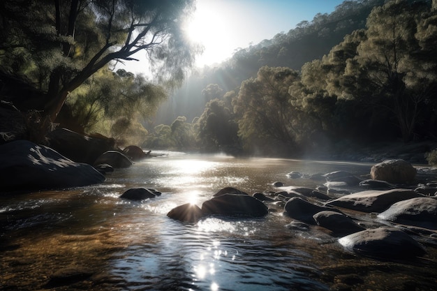 Zoetwaterrivier met de zon die fel op het water schijnt, gecreëerd met generatieve ai