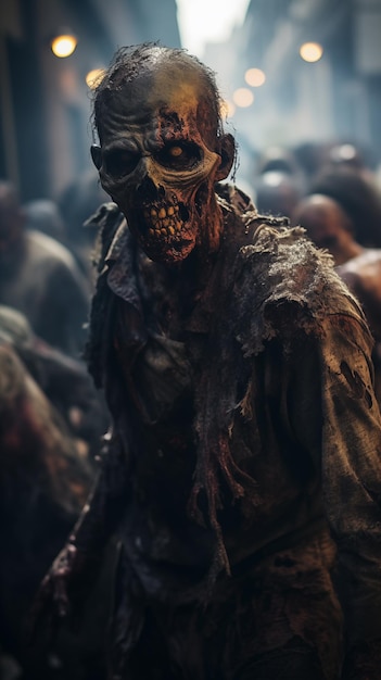 Zombie apocalyps met dode mensen menigte met gescheurde kleren lopen op straat generatieve AI