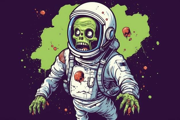 A zombie astronaut with Brains in Space professional tshirt design Halloween theme AI Generated