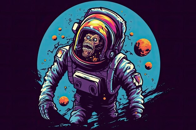 Астронавт-зомби с профессиональным дизайном футболки Brains in Space на тему Хэллоуина AI Generated