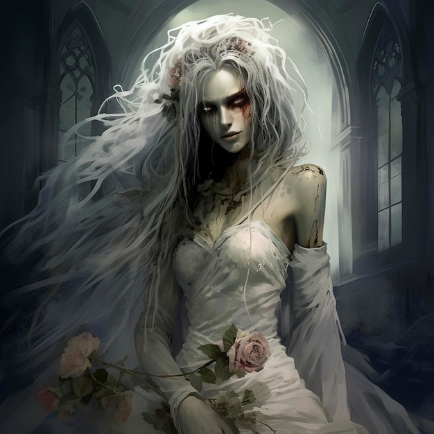 Zombie Bruid Gezicht Illustratie AIGegenereerd Halloween-kunstwerk