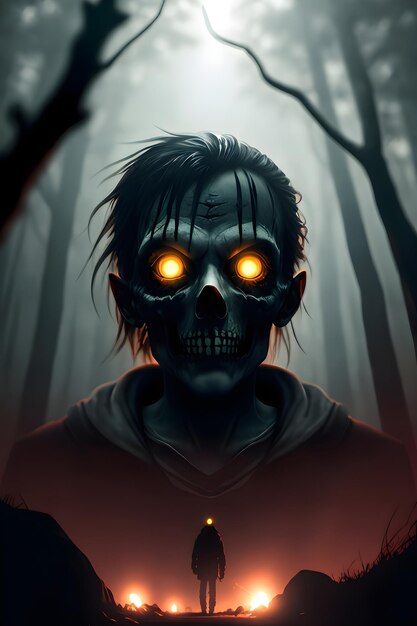 Труп зомби в темном лесу, концепция Хэллоуина