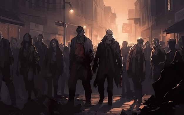 Zombie crowd walking at night halloween concept illustration AI Generative AI