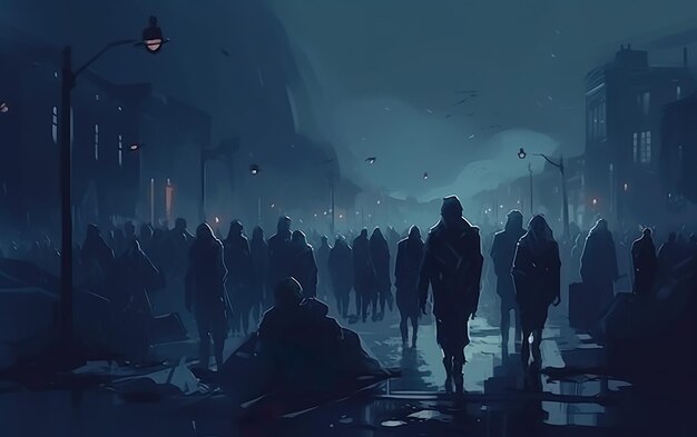 Zombie crowd walking at night halloween concept illustration AI Generative AI