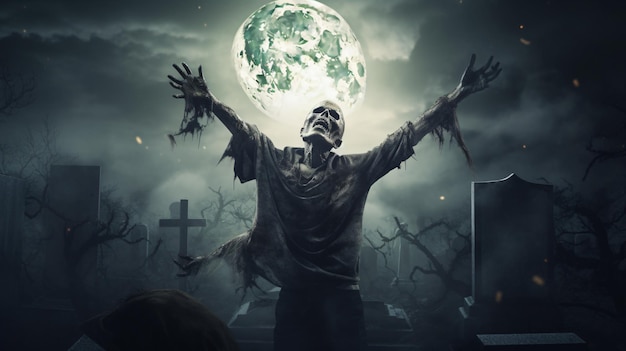 Zombie die spookachtig oprijst uit een kerkhof