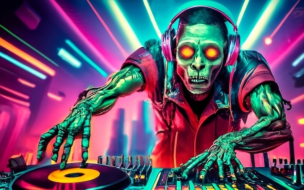 Зомби-ди-джей, электронная музыка потустороннего мира, техно-вечеринка тусовщиков-мертвецов.