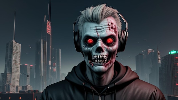 Zombie dj face to camera in a futuristic city