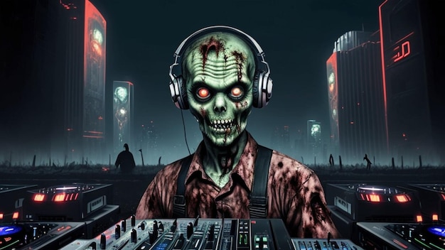 Zombie dj gezicht naar camera in een futuristische stad