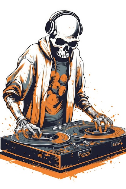 A zombie DJ at a party with a turntable made of bones simple professional t-shirt design AI Generated