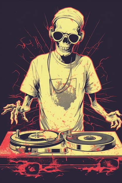 A zombie DJ at a party with a turntable made of bones simple professional tshirt design AI Generated