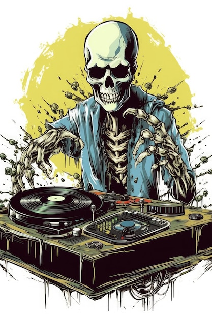 Foto un dj zombi a una festa con un giradischi fatto di ossa semplice design di tshirt professionale ai generato