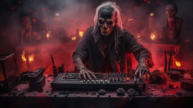 zombie dj's techno halloween spinning horror with pumpkins skulls Ai Generated