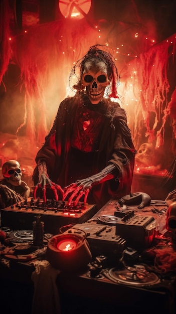 Техно-хэллоуин зомби-диджея, крутящийся ужас с тыквенными черепами Ai Generated