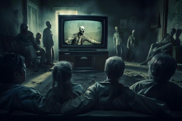 廃屋内部のニューラルネットワークで、埃に覆われた古いテレビを見ているゾンビ家族
