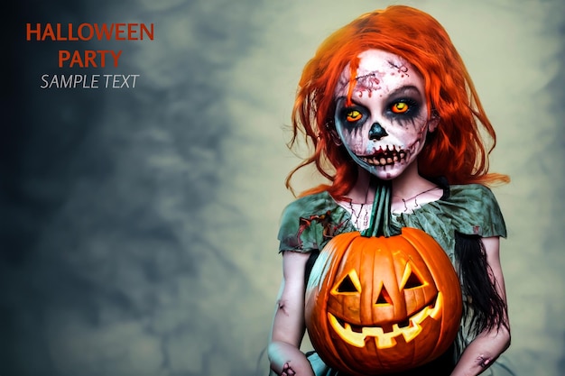 Zombie girl holds a pumpkin in a horror setting Halloween type background with space for text