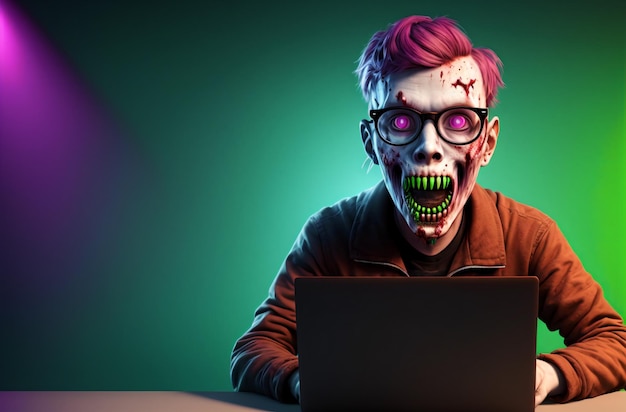 Zombie in glasses with open mouth sitting at laptop Generative AI