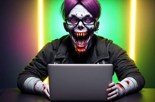 Zombie in glasses with open mouth sitting at laptop Generative AI