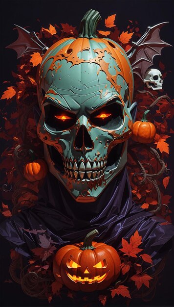 Photo zombie halloween art a combination of pumpkins and skulls as faces generative ai