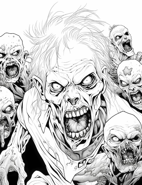 Photo zombie halloween party coloring pages kids with a group of cartoon zombies