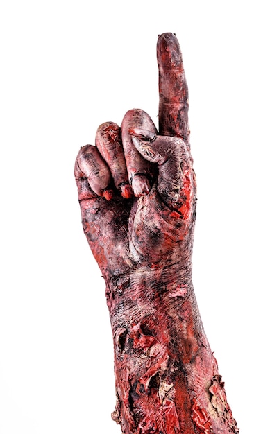 Zombie hand doing number one, okay, countdown. Halloween hand, isolated white surface.