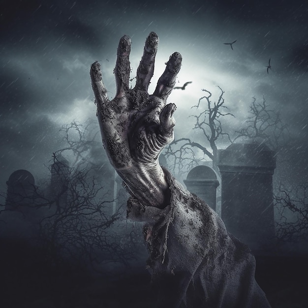 A zombie hand is held up in front of a cemetery.