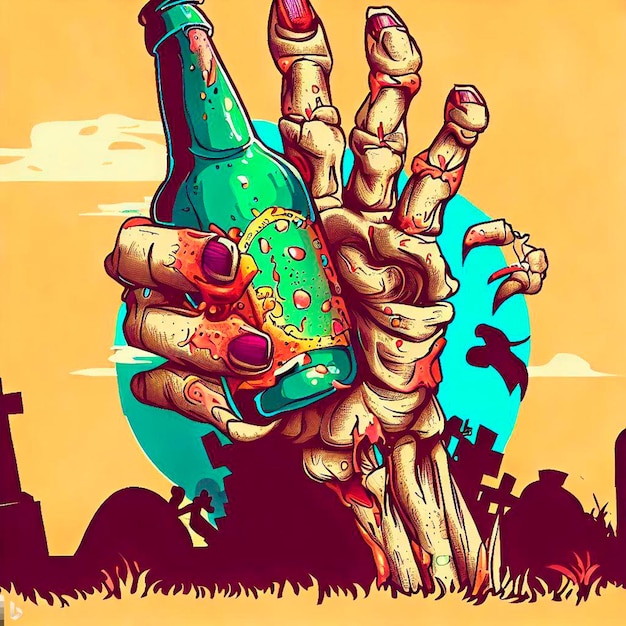 Foto zombie hand met bier fles begraafplaats op bg vintage t shirt design illustratie