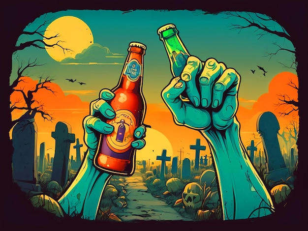 Foto zombie hand met bier fles begraafplaats op bg vintage t shirt ontwerp