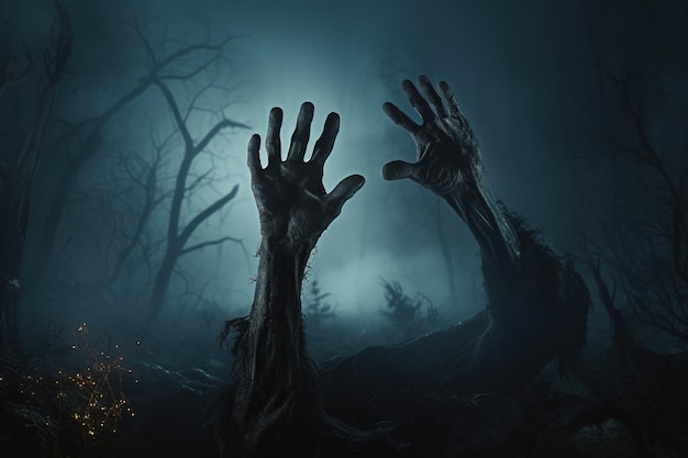 Zombie hand opkomend uit een begraafplaats in spookachtige nacht Halloween concept