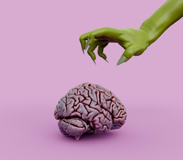 zombie hand reaching out to grab a rotten human brain on minimalist pink background. halloween concept. 3d rendering