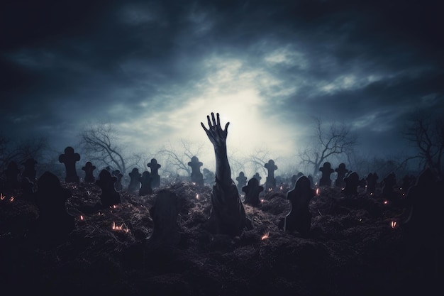 Рука зомби поднимается с земли на кладбище ночью, концепция Хэллоуина