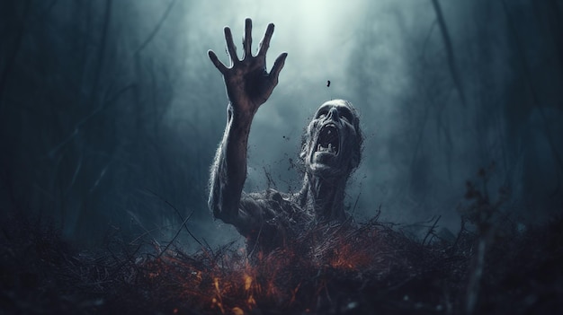 Zombie hand rising out of a graveyard in spooky night Halloween concept