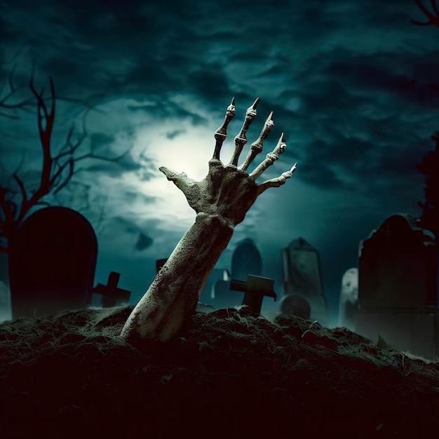 Zombie Hand Rising Out Of A Graveyard In Spooky Night