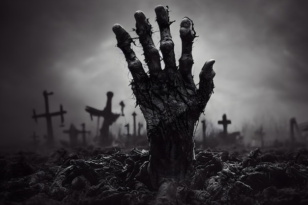 Zombie hand rising up from grave in misty night graveyard neural network generated art