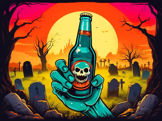 ビールボトルの墓地を握っているゾンビの手 ヴィンテージTシャツデザイン