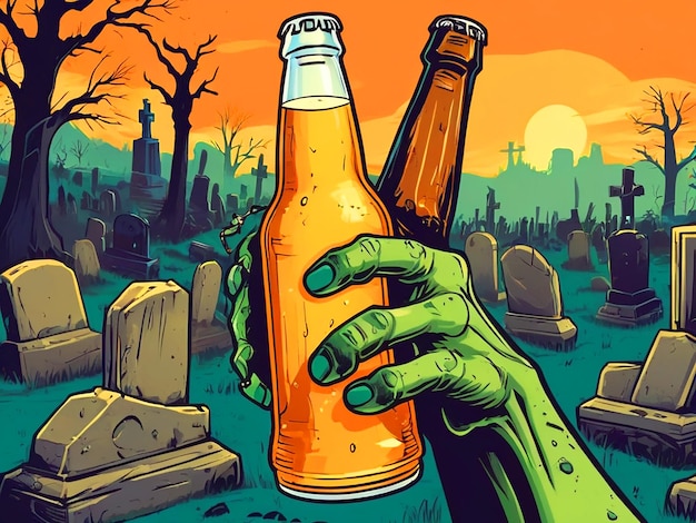 Foto mano di zombie con bottiglia di birra in mano cimitero su bg vintage t-shirt design