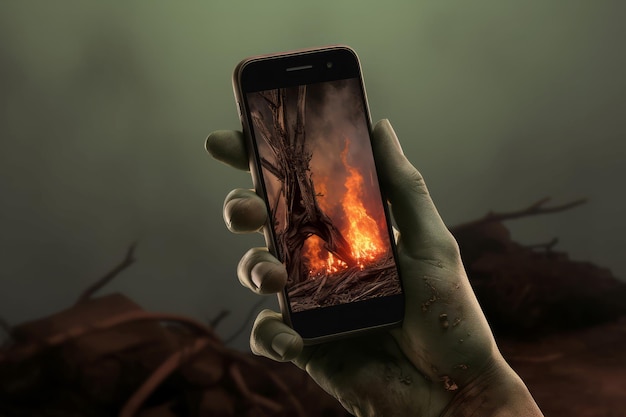 Zombie hand with smartphone Creepy zombie apocalypses with nature arson Generate ai
